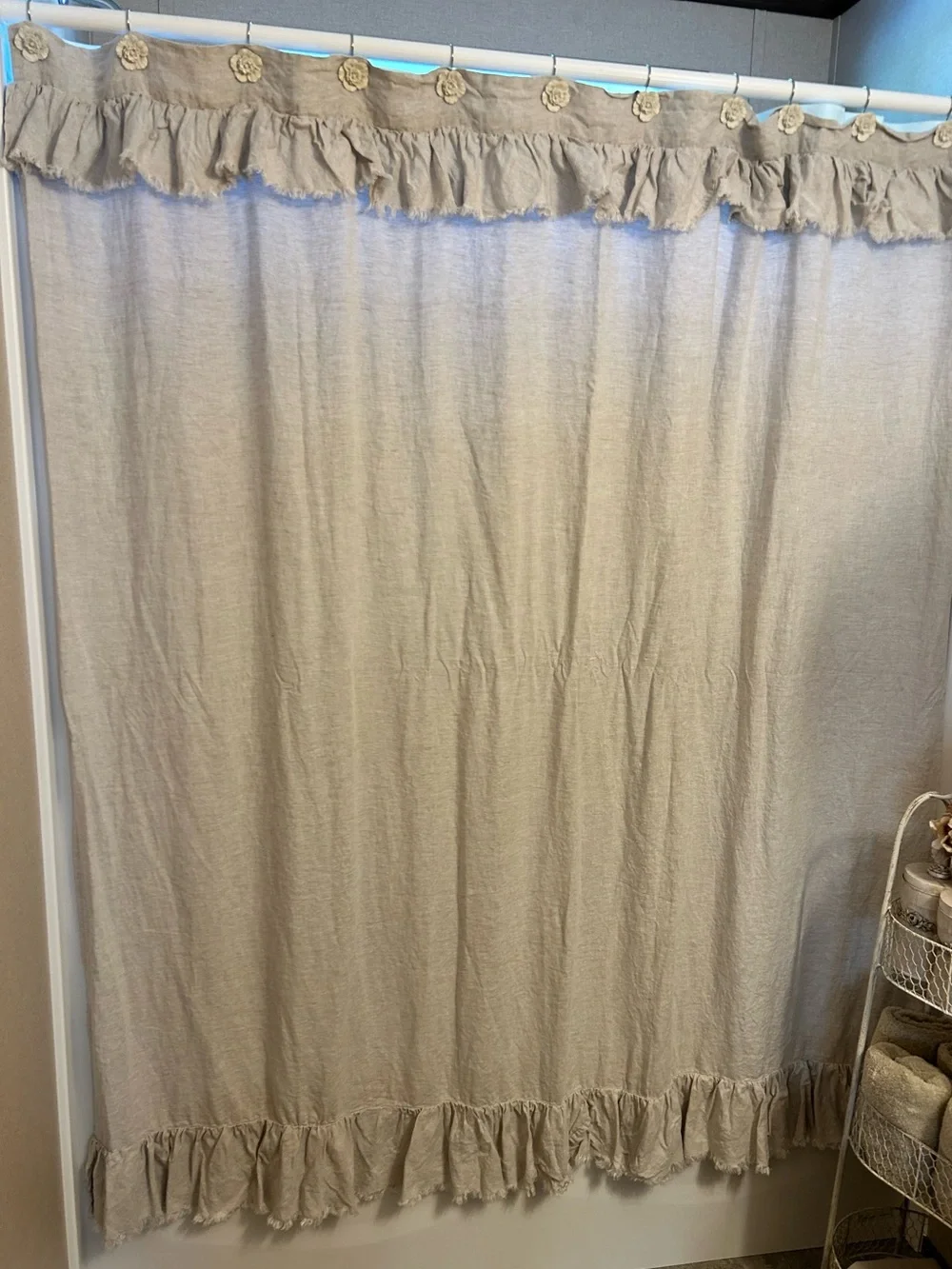 Pottery Barn beige flax linen shower curtain